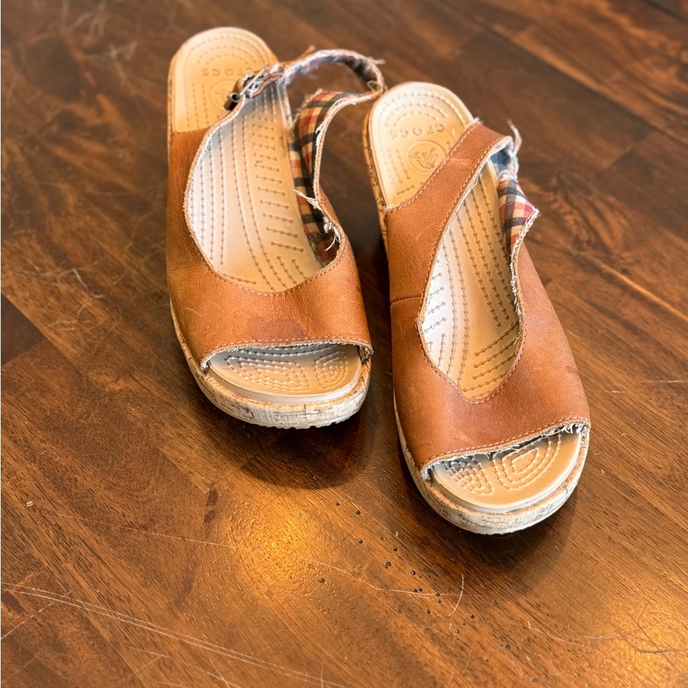 CROCS Brown Leather Women's WEDGE Sandals